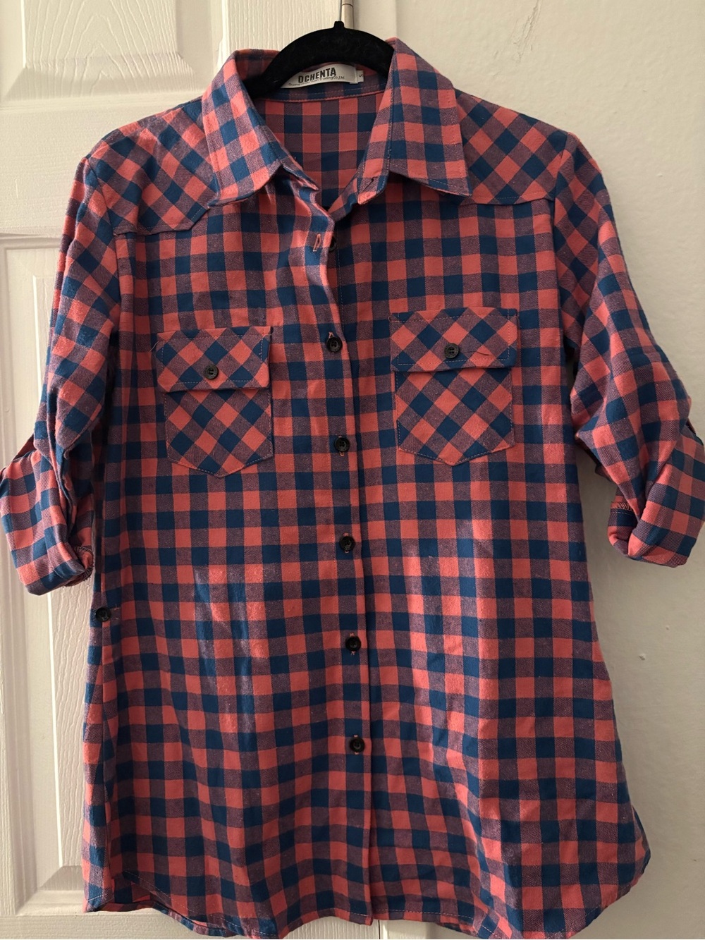 Deventa Pink and Navy Plaid Button-Up Skirt